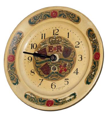 C.1953, Smiths English Clocks Ltd., 30-hour lever movement dish form timepiece, Elizabeth II crowning commemorative, as-found. — Antique Clocks Price Guide