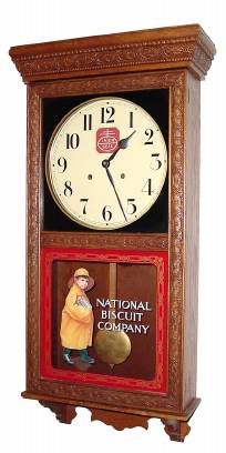 C.1990, Wisconsin Clock Co., Clintonville, Wisconsin, 8-day time/strike advertising wall clock (Nabisco Biscuit Co tablet), as new. — Antique Clocks Price Guide
