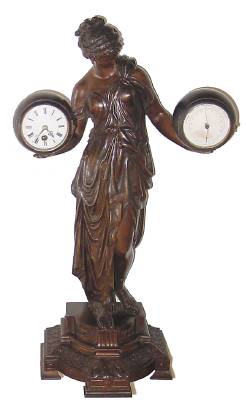 C.1890, French, Novelty Figural Clock, patinated spelter, figure of a woman holding a ball in each hand, her right hand with an 8-day timepiece, and her left with a barometer. — Antique Clocks Price Guide