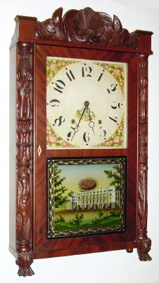 C.1832, Eli Terry and Son, Plymouth, Conn, short drop mahogany carved case, 2-wt, wooden works. — Antique Clocks Price Guide