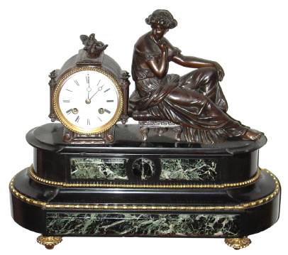 C.1890, Dumoulinneuf, 8II.Molle, a Paris, Bronze and marble figural clock, a pensive lady with 2 love birds. — Antique Clocks Price Guide