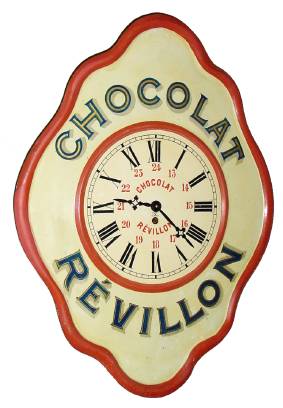 C.1920, French, CHOCOLAT REVILLON, advertising clock from a candy shop, 8-day timepiece. — Antique Clocks Price Guide