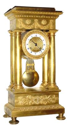 C.1830, French, 4-Column Empire style, ormolu mantle clock, 8-day time and bell strike, early suspension spring. — Antique Clocks Price Guide