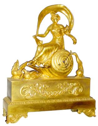 C.1825, French, Ormolu Figural Clock, AMPHITRITE, PURSUED BY DOLPHIN FOR NEPTUNE, two geese appearing to pull a giant sea shell, with Amphitrite setting aboard the shell, with original fire gilding. — Antique Clocks Price Guide