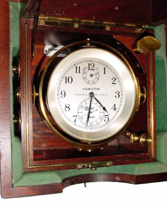 C.1943, Hamilton Model 21, 14j Marine Chronometer, with outer box and with original assembly record, dated 1943. — Antique Clocks Price Guide