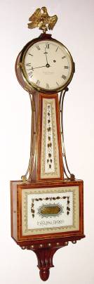 C.1977 (dated) Foster S. Campos, Pembroke, MA, model W-1, cross banded banjo, with "Sturbridge" tablets, and original sales receipt. — Antique Clocks Price Guide