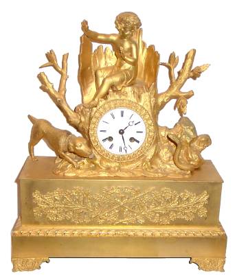 C.1825, French, Ormolu Figural Clock, 8-day time and strike, showing a dog trying to ward off a snake from his master, a young boy. — Antique Clocks Price Guide