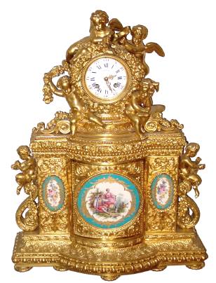 C.1850, French, Lenoir, Ormolu Figural Clock with 6 Figures and 3 Sevres type plaques, all gilt with prolific scrolls and swags, 8-day time and bell strike, silk thread suspension. — Antique Clocks Price Guide