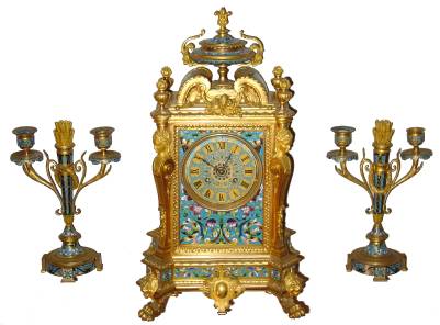 C.1890, French, Antony Bailly, Lyon, Ormolu and Cloisonne garniture set, with matching side pieces, 8-day time and bell strike. — Antique Clocks Price Guide
