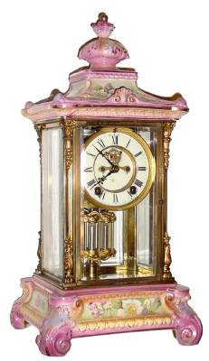 C.1905, Ansonia Clock Co., "Crystal Regulator No. 2", porcelain china top and bottom, pink accents with white gardenia styled floral decorations. — Antique Clocks Price Guide