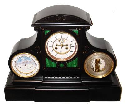 C.1890, French, Perpetual Calendar Clock, with open escapement on the dial and Aneroid barometer to the right. — Antique Clocks Price Guide