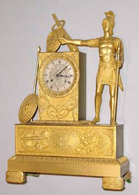 C.1825, French, Ormolu Figural Clock, ADRASTE, Roman Warrior with woven leather skirt and body armor, lance in his left hand, pointing to his shield with his right hand, 8-day time and bell strike, silk thread. — Antique Clocks Price Guide