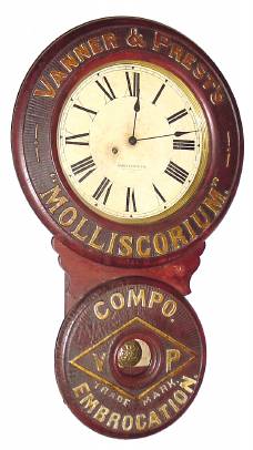 C.1890, Baird Clock, Co., Plattsburgh, NY, 8-day advertising timepiece for MOLLISCORIUM. — Antique Clocks Price Guide