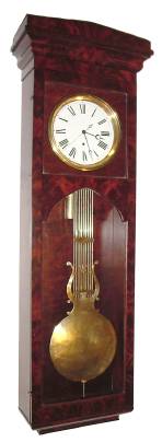 C.1880, French, Pinwheel Jeweler's Regulator, in a well figured crotch mahogany case, with grid-iron/lyre pendulum and center sweep seconds hand. — Antique Clocks Price Guide