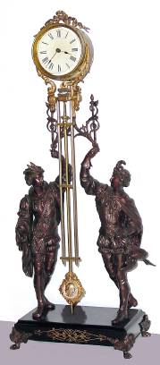 C.1880, Ansonia Clock Co., FISHER and FALCONER SWING, 8-day patinated spelter, with original canister swinging arm and original dial. — Antique Clocks Price Guide