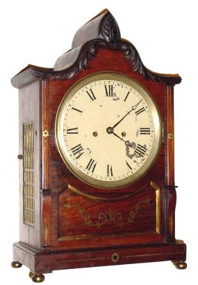 C.1825, English, 2-Fusee, Regency Bracket clock, in a well styled rosewood case with side brass grills, and brass bun feet. — Antique Clocks Price Guide