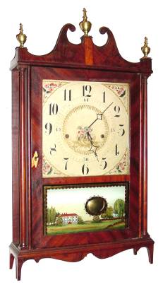 C.1820, Seth Thomas, Off Center Pillar and Scroll, 30 hour wood works, in a mahogany case with original scrolls and feet, from J. Cheney Wells collection. — Antique Clocks Price Guide