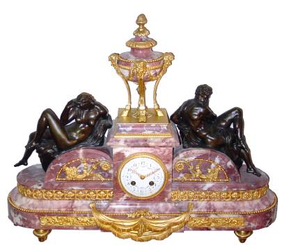 C.1890, French for Tiffany and Co., Bronze and Marble NIGHT and DAY, 8-Day bell strike, variegated white and light violet marble. — Antique Clocks Price Guide