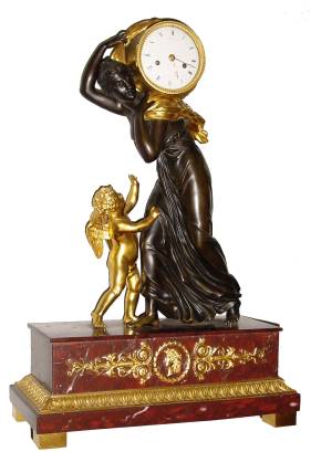 C.1820, French, Bronze with Ormolu and Marble Figural clock, AMOR TRIES TO STOP AURORA, 8-day time and bell strike, silk suspension. — Antique Clocks Price Guide