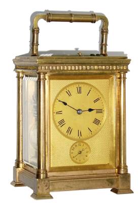 C.1890, French, Drocourt, Grand Sonnerie, alarm carriage clock, brass architectural case with smooth columns and shaped feet, and a bamboo style handle. — Antique Clocks Price Guide