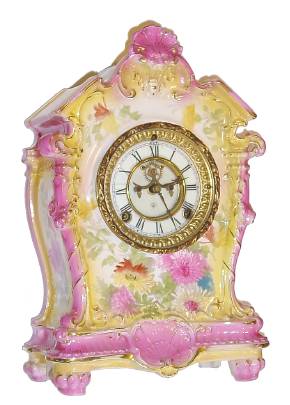 C.1905, Ansonia Royal Bonn, LA TOSCA, porcelain china clock, in yellow with pink accents, and multi colored flowers. — Antique Clocks Price Guide