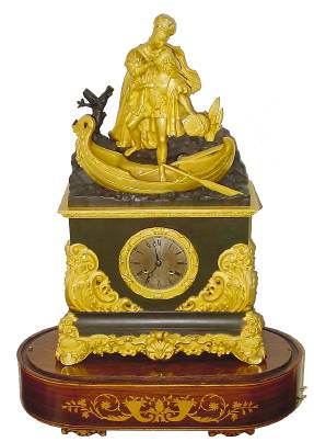 C.1840, French, Ormolu and Bronze figural clock, a bejeweled princess with her courtier having arrived in a small boat, in a fond embrace, playing music at the hour tripped by a lever from the silk thread, striking movement.. — Antique Clocks Price Guide