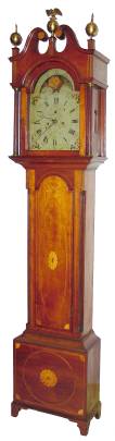 C.1810, Upstate New York, Cherry cased, inlaid with maple and contrasting dark wood, 8-day rolling moon, painted dial tall clock. — Antique Clocks Price Guide
