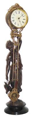 C.1885, Ansonia Clock Co., HUNTRESS SWING, bronze patinated spelter statue on iron base, with canister arm. — Antique Clocks Price Guide