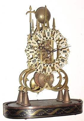 C.1920, English, Skeleton Clock, Single Fusee, Passing Strike, on a brass inlaid base, less dome. — Antique Clocks Price Guide