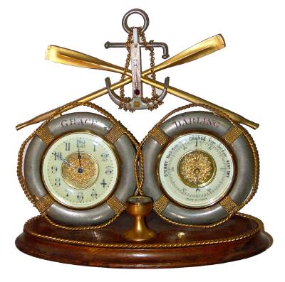 C.1885, French, Nautical Novelty "Grace Darling", a desk composite that includes a compass, 2 life preservers with rope handles, a pair of oars, an anchor with chain and a thermometer, and with rope all around the edge of the oak base. — Antique Clocks Price Guide