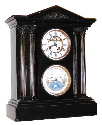 C.1890, French, Double Dial, Perpetual Calendar, in a black marble case with 4 bronze Corinthian columns, and open escapement. — Antique Clocks Price Guide