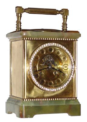 C.1890, French, Clock with Barometer, in the form of a giant carriage clock, onyx top and bottom, with exposed curved platform escapement on the dial center, 8-day. — Antique Clocks Price Guide