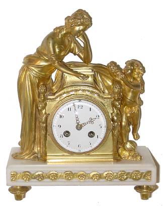 C.1875, French, Ormolu and Marble Figural clock, 8-day bell strike movement. — Antique Clocks Price Guide