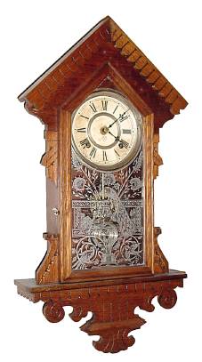 C.1904, Ansonia Clock Co., SANTIAGO, hanging oak gingerbread clock, 8-day time and strike. — Antique Clocks Price Guide