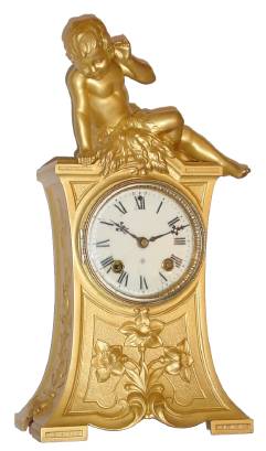 C.1890, Ansonia Clock Co., "LISTENING", painted spelter mantle clock. — Antique Clocks Price Guide