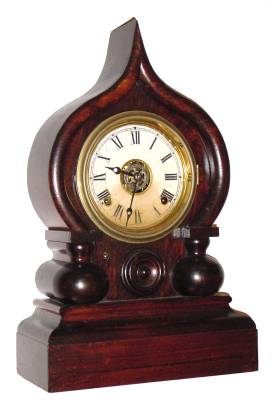 C.1875, E. Ingraham, Bristol, Conn, ORIENTAL rosewood shelf clock, 8-day, gong strike, plus alarm. — Antique Clocks Price Guide