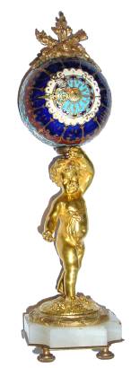 C.1890, French, Ormolu Child holding Champleve Enamel ball with a tiny cylinder 'scape timepiece movement and fretted brass hands. — Antique Clocks Price Guide