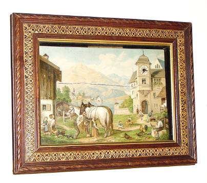 C.1920, German/Czech, folk art musical automaton and picture clock, one day with animation and music; music playing a few minutes, animation continuing longer. — Antique Clocks Price Guide