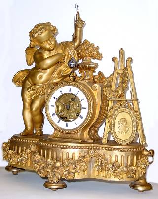 C.1890, French, Striking Conical Pendulum clock, figure of a cherub standing beside the clock, holding the pendulum in his hand. — Antique Clocks Price Guide