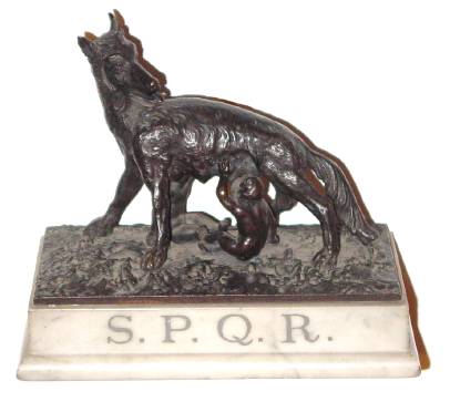 C.1900 French, Bronze statue of Romulus and Remus suckling the wolf, the children whose father was Mars, left by the river, nourished by the wolf and later adopted by a Shepard, grew and according to legend founded Rome. Italians acknowledge that Rome is named for Romulus. — Antique Clocks Price Guide