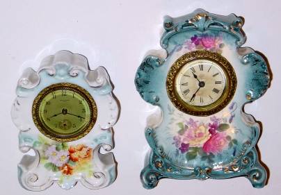 Lot of two: C.1905 New Haven Clock Co. and Ansonia Clock Co., 30-hour lever movement porcelain timepieces. — Antique Clocks Price Guide