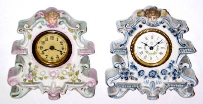 Lot of 2 No. 5980 by different companies: C.1905 New Haven Clock Co. and Ansonia Clock Co., 30-hour lever movement porcelain timepieces. — Antique Clocks Price Guide