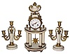 C.1890, French, Japy, White Marble and ormolu portico clock with candelabras, 8-day, bell strike.