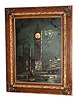 C.1900, English, Souvenir picture clock, 30-hour, a night scene showing Big Ben, with the clock mounted in a box behind the picture, and the hands showing in the same location as the dial of Big Ben.