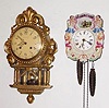 Box of 2 clocks: 1) C.1900, Black Forest souvenir clock, wooden plate movement, porcelain with the banner "Erinnerung", 