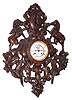 C.1890, French, (S. Marti) Carved Royal Crest Clock, 8-Day, open brocot escapement on porcelain dial, the walnut case with a lion to the left horse to the right, birds and fruit below.