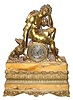 C.1830, French, Pons, Sienna Marble and Bronze Figural Clock Sleeping Shepard and Dog, 8-day time and bell strike.