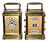 C.1900, French, Chaude, 36 Palais Royal, Paris, set of two gorge cases, one with manual calendar, the other with an ivory dialed Petite Sonnerie clock, repeater with alarm, selector lever in the base for Silence/Sonnerie.
