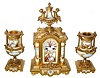 C.1900, French, 3-Piece Spelter Clock Set, hand painted porcelain panels, columns and urns, gold plated finish.