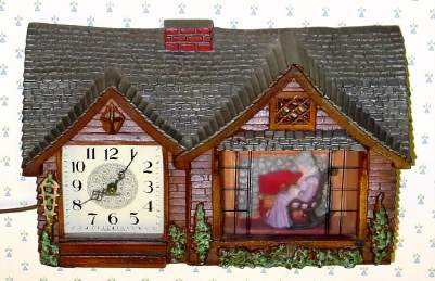 C.1948, Haddon Products, Inc., Chicago, Ill, 110v, HOME SWEET HOME, electric timepiece and night light, with a rocking grandmother visible in her "room" at the right. — Antique Clocks Price Guide